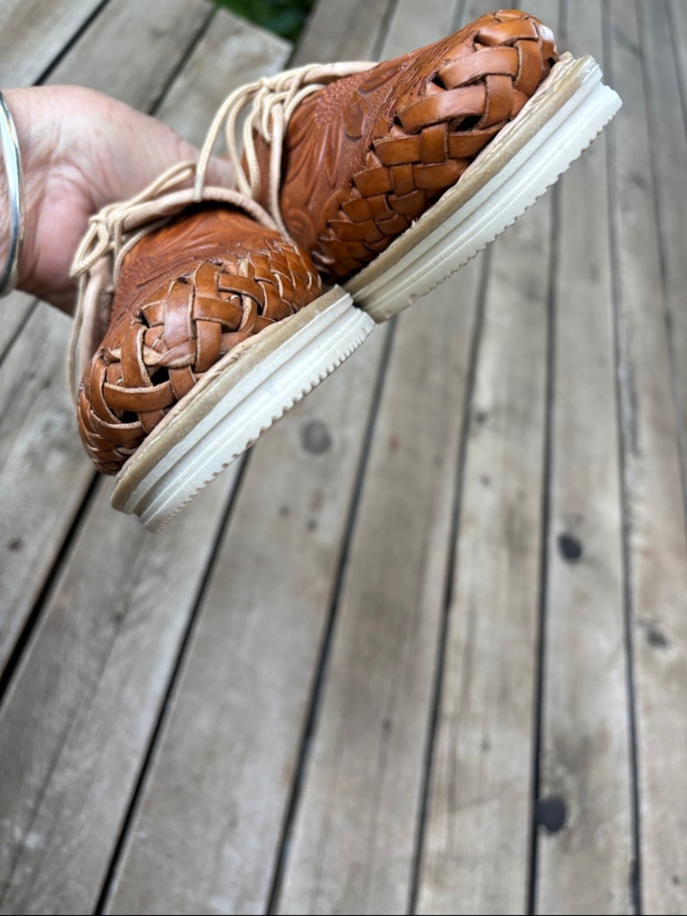 Huaraches (7) Embossed Brown Leather Sunflower & Woven Design Lace-up Loafer - Picture 7 of 12